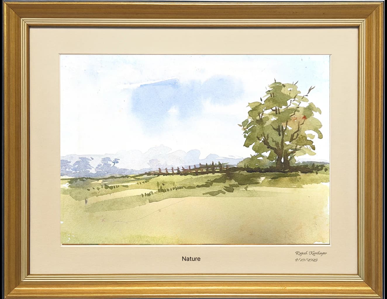 Original framed watercolour painting of a solitary tree in a green landscape