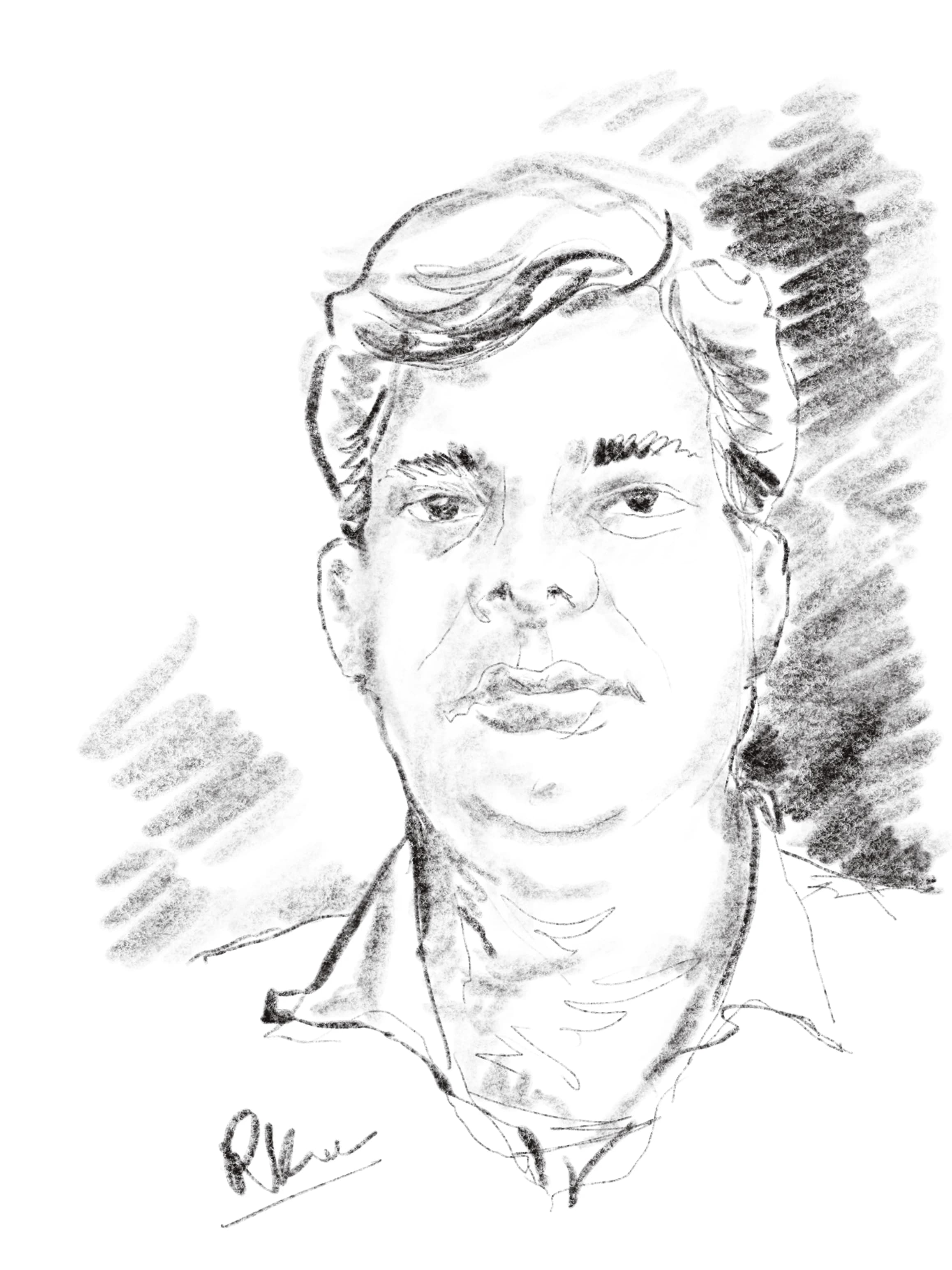 Front-facing monochrome charcoal portrait study of a man