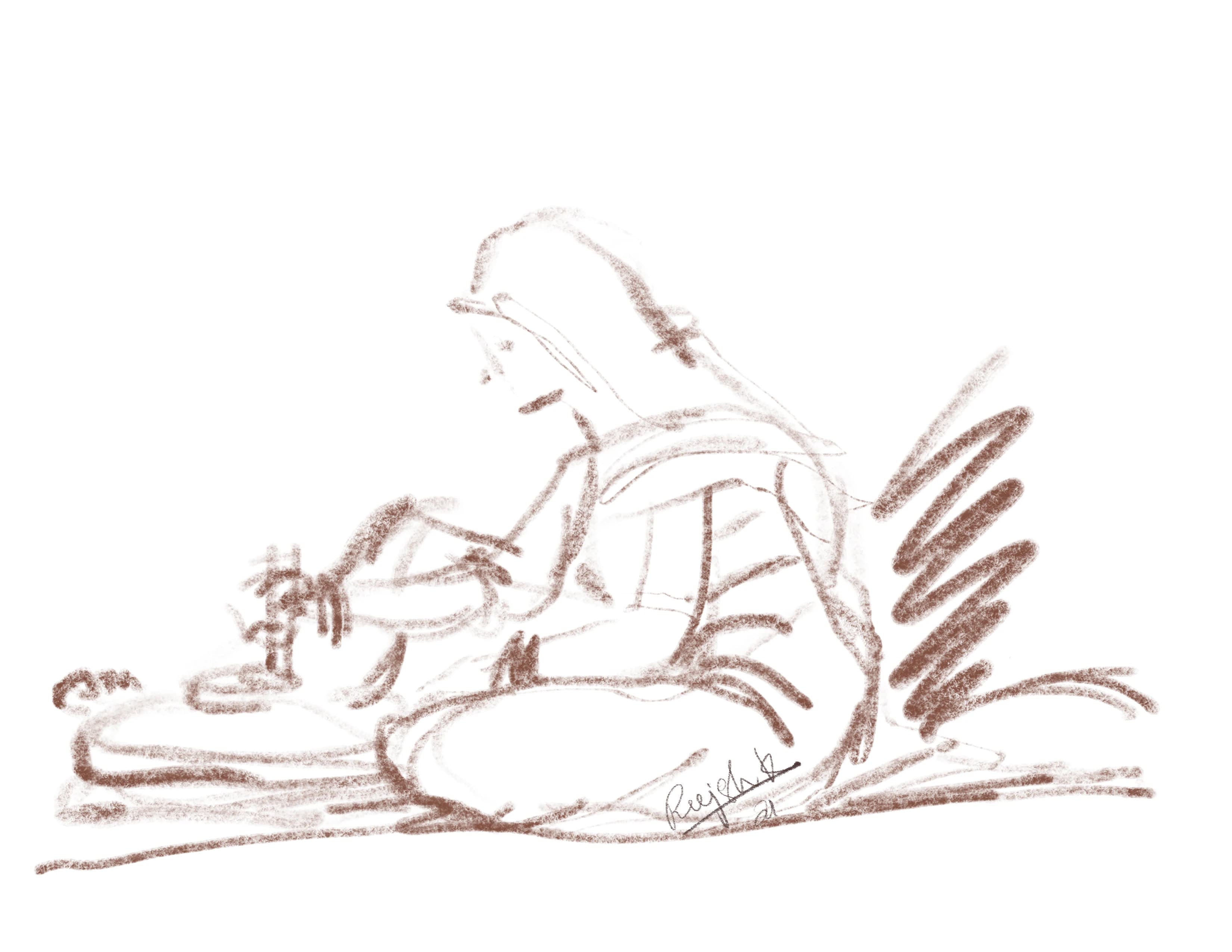 Warm charcoal line drawing of a reclining figure beside broad gestural marks
