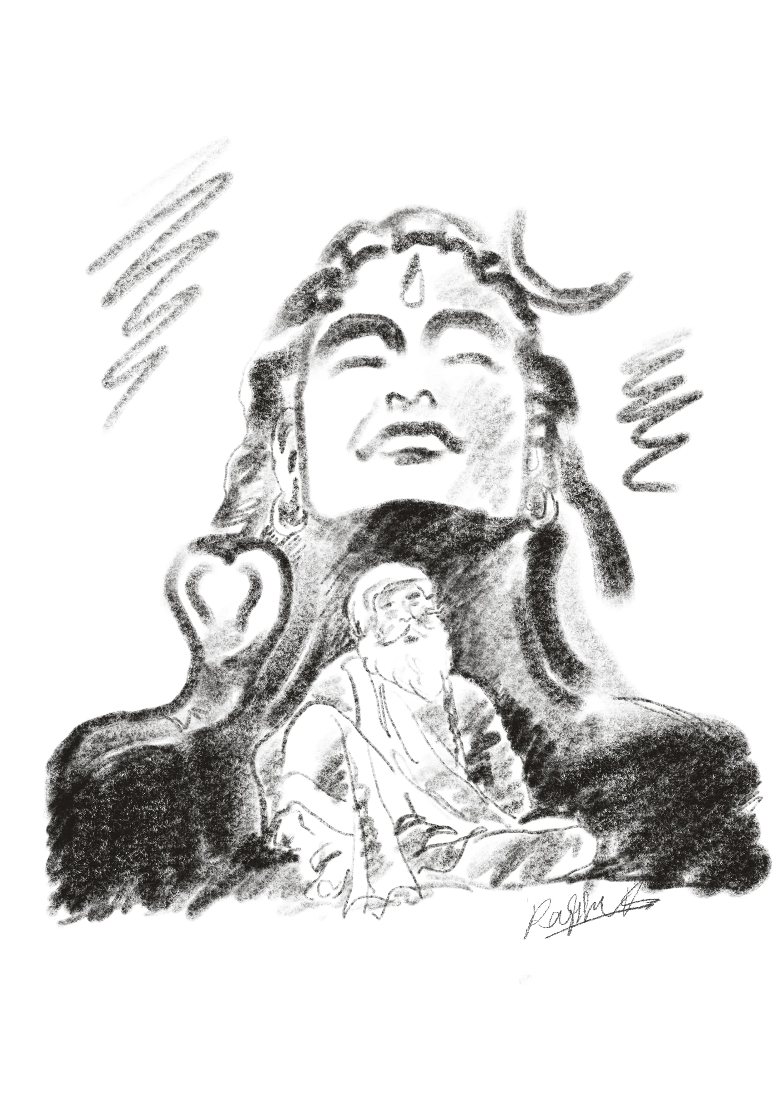 Monochrome devotional drawing of Shiva with a meditating figure in the foreground