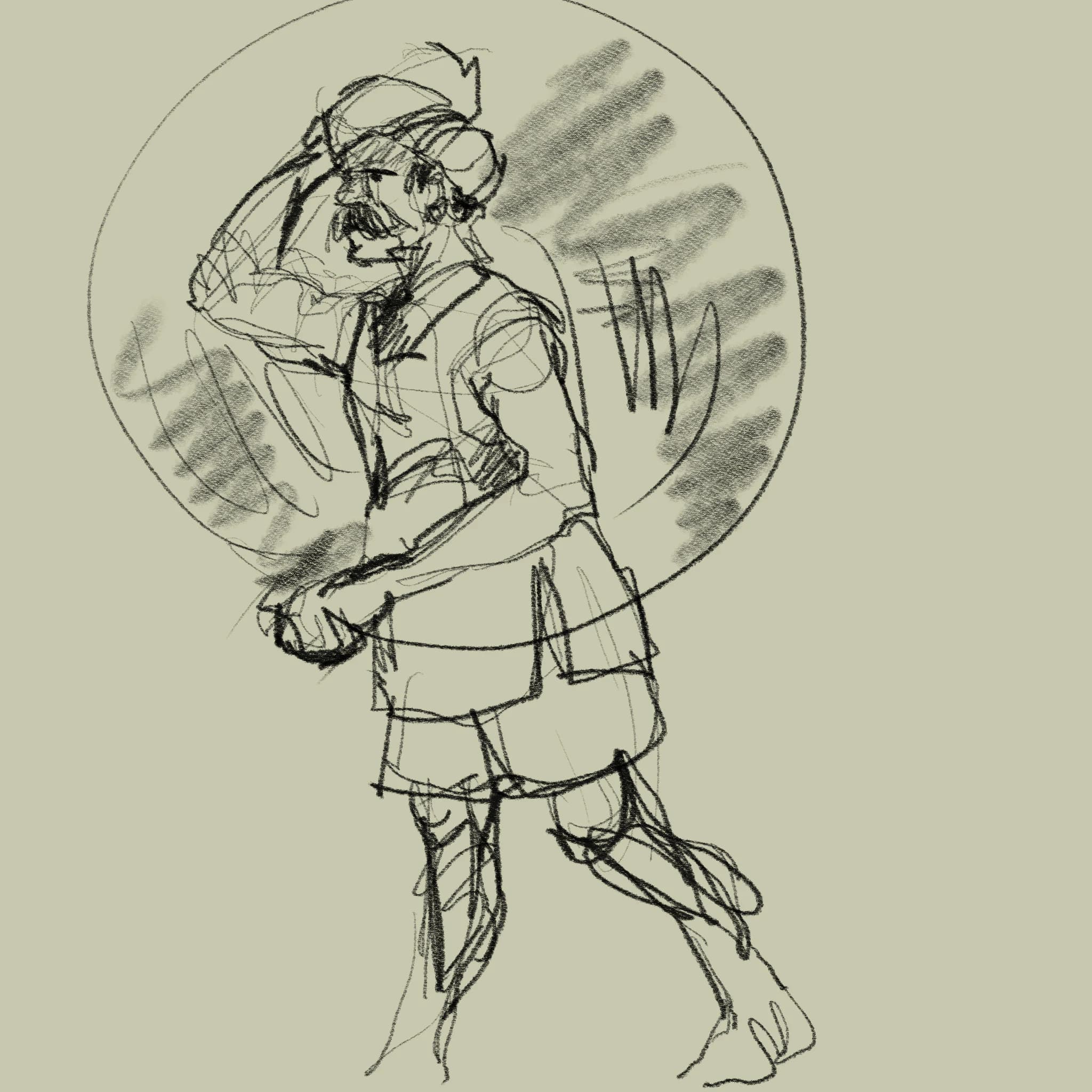 Loose monochrome figure study of a seated warrior resting his head on one hand