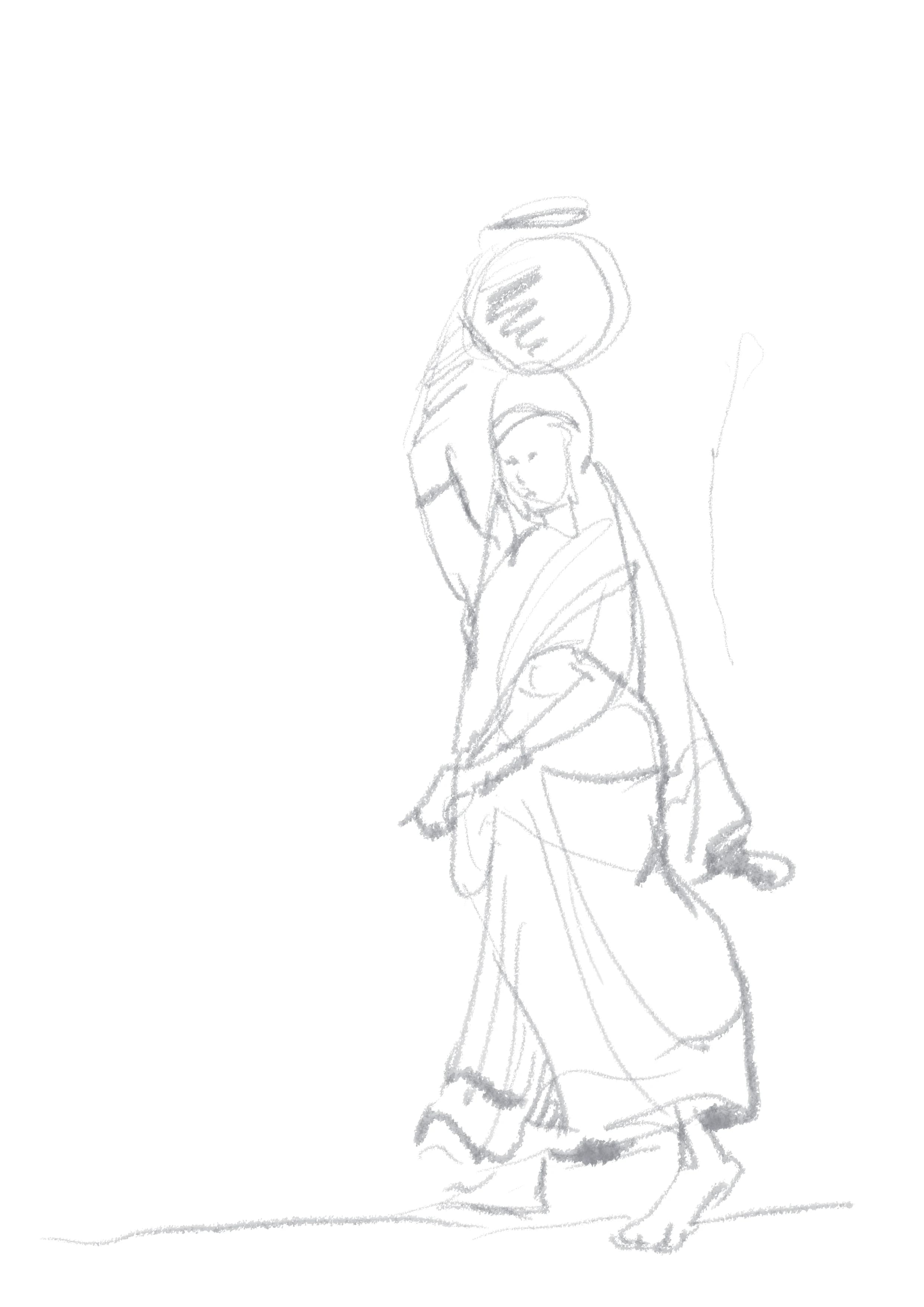 Light charcoal figure study of a woman carrying a water vessel on her head