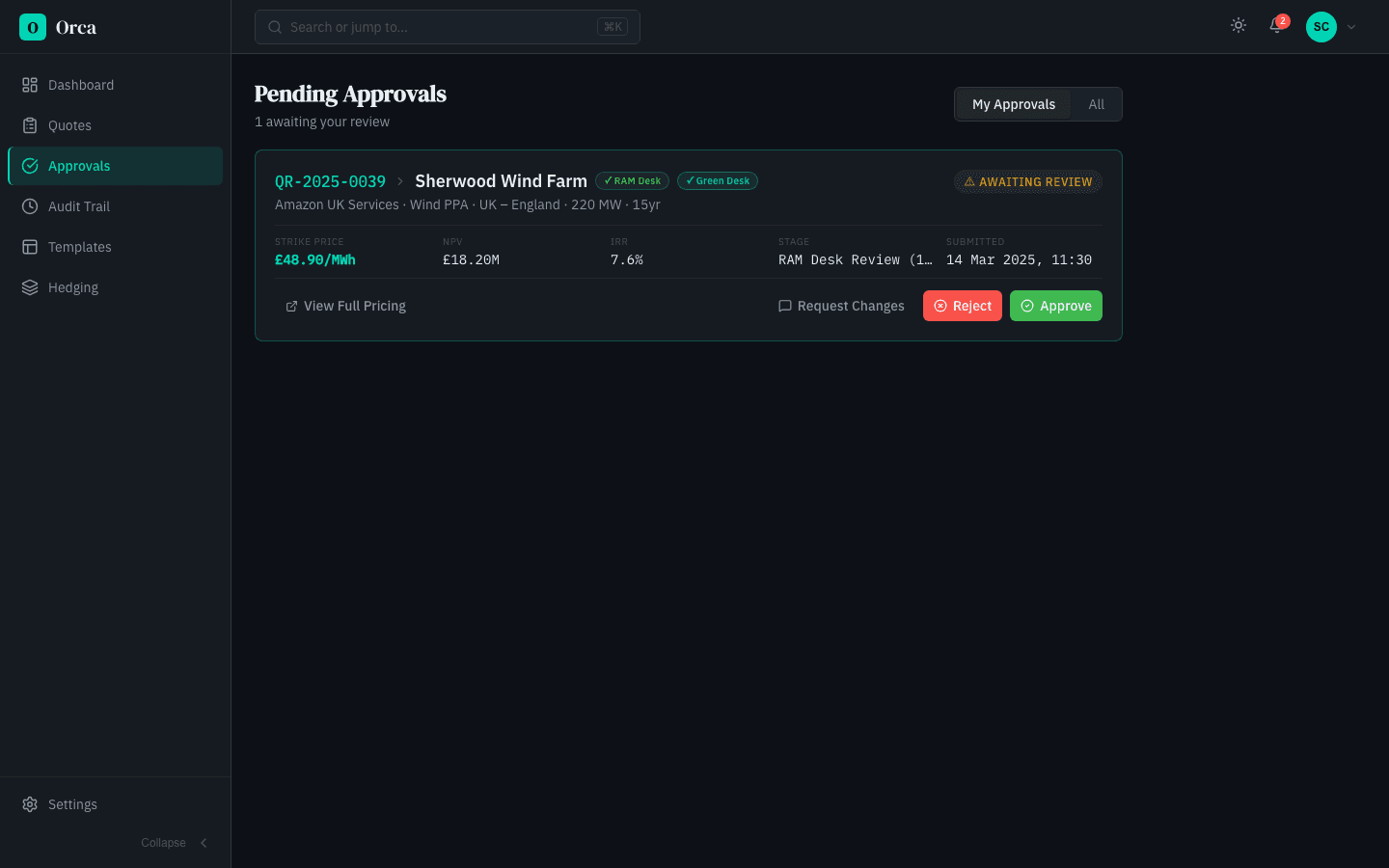 Approvals queue — pending deals awaiting review with approve/reject actions
