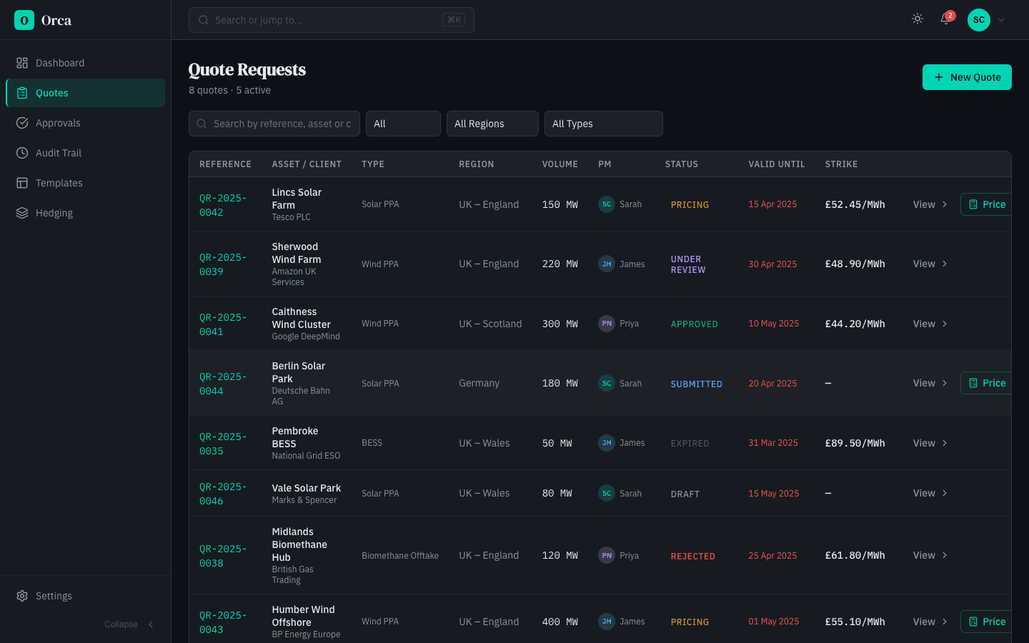 Quote requests list — filterable table with status badges