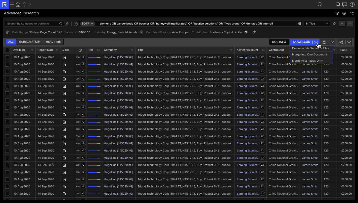 Download dropdown — three options: Separate Files, Merge Into One Document, First Pages Only