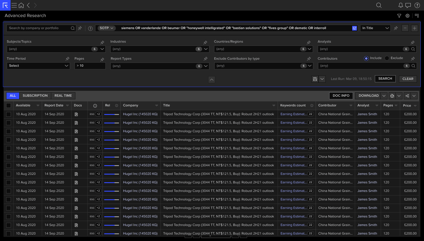 Advanced Research expanded filter panel with all 8 filter dimensions