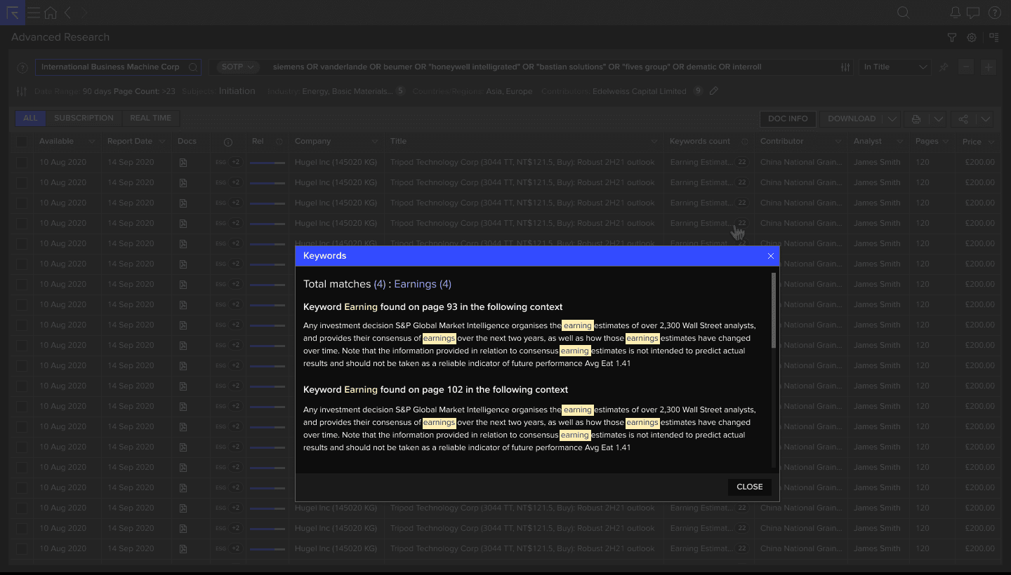 Keywords modal — inline context preview showing page number and surrounding text